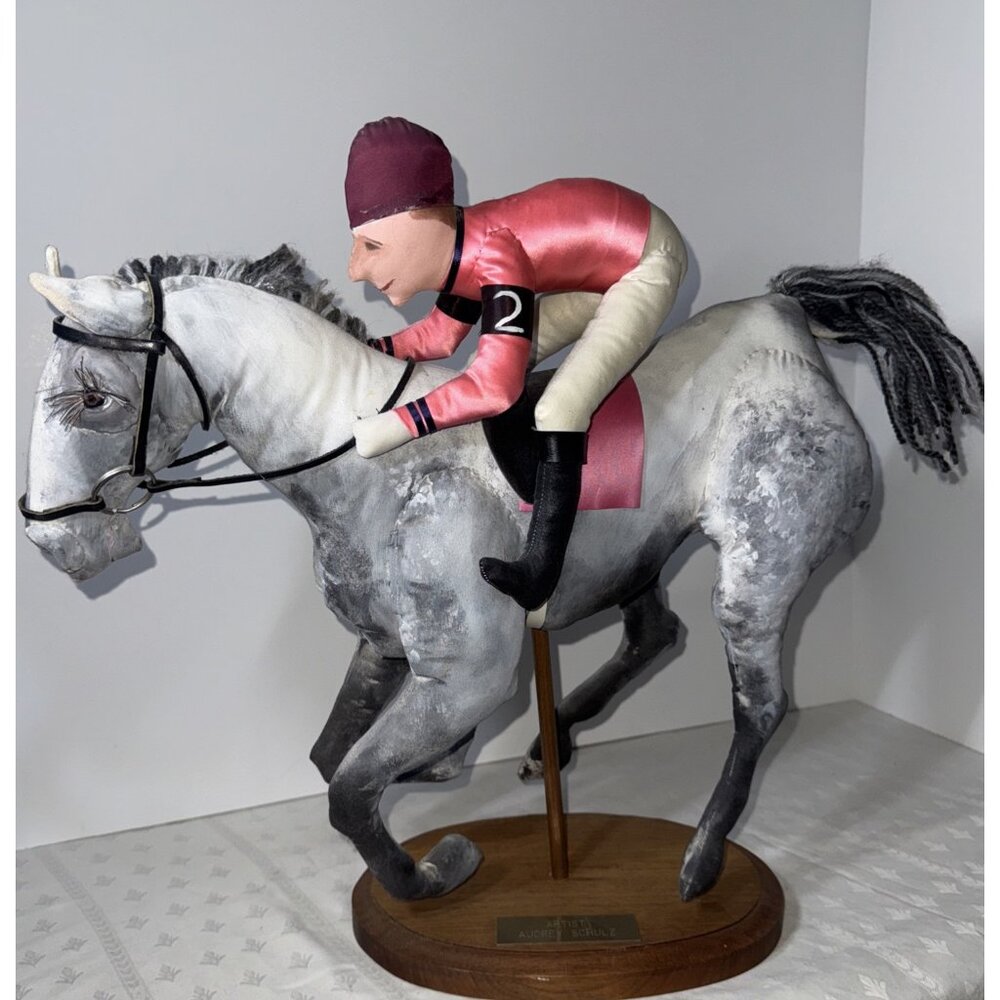 Large Audrey Schulz Soft Sculpture Jockey Horse Signed 17x20” Base